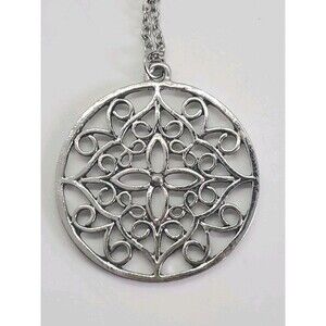 Medallion Pendant Necklace Floral Scroll Filigree Round Long  Chain Silver Tone